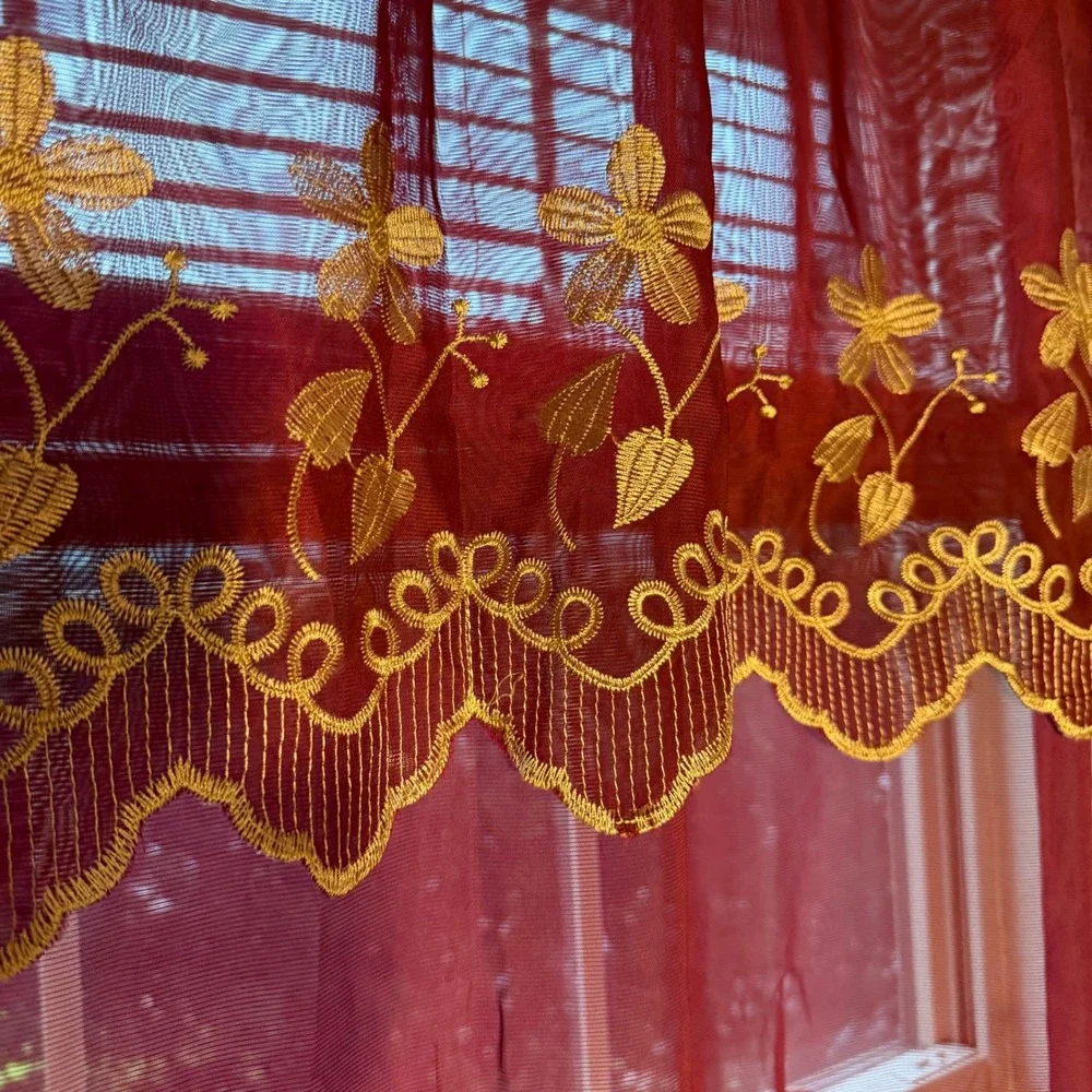 Vtg Burgundy Sheer Embroidered Curtains Set of 2 Lace Window Panels 66.5